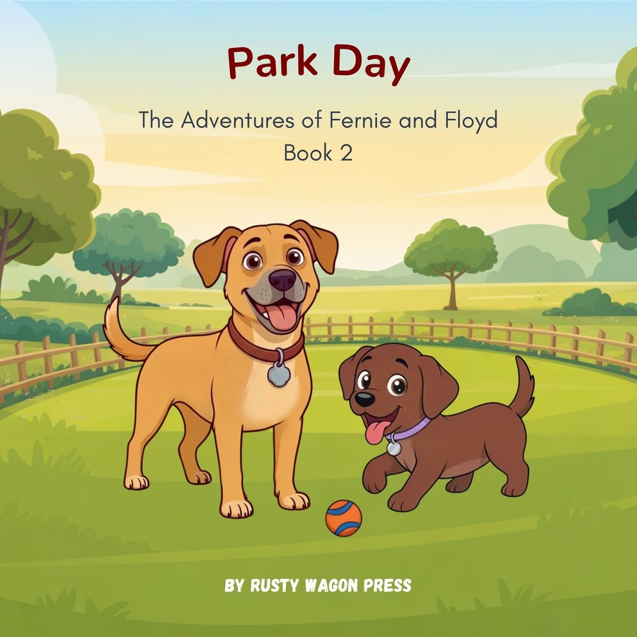 Cover of Park Day, Book 2: the two dogs standing in a fenced park with an orange and blue ball