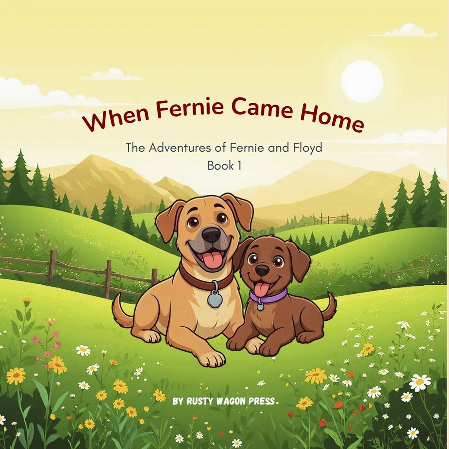 Cover of When Fernie Came Home, Book 1: a golden tan dog and a chocolate brown puppy lying together in a flower meadow